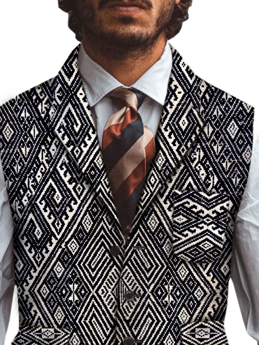 Men BXL Vest | Men'S Retro Ethnic Print Casual Multi-Pocket Wool Vest Black