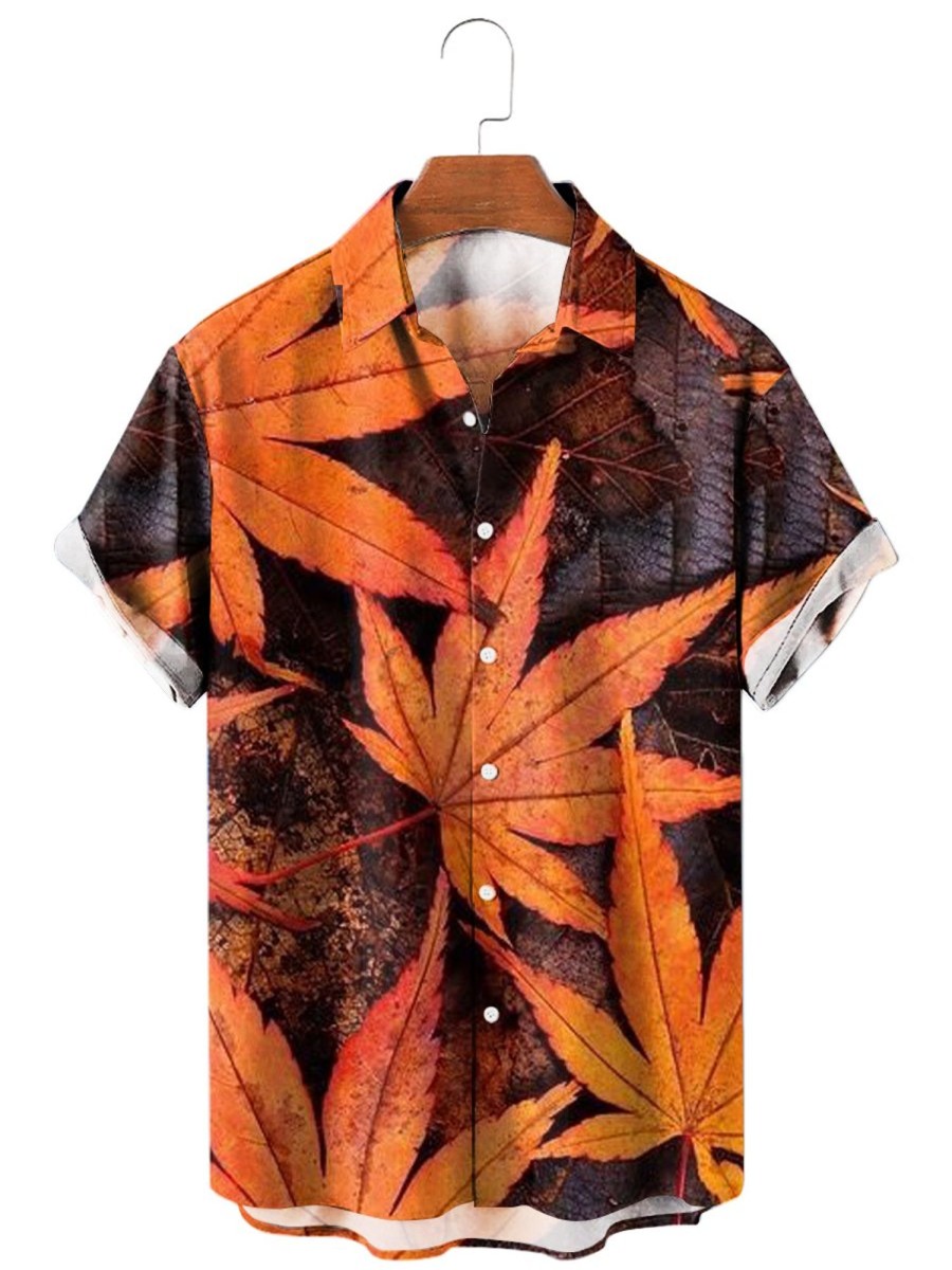 Men HLJ Shirts | Autumn Leaves Print Casual Short Sleeve Shirt Orange