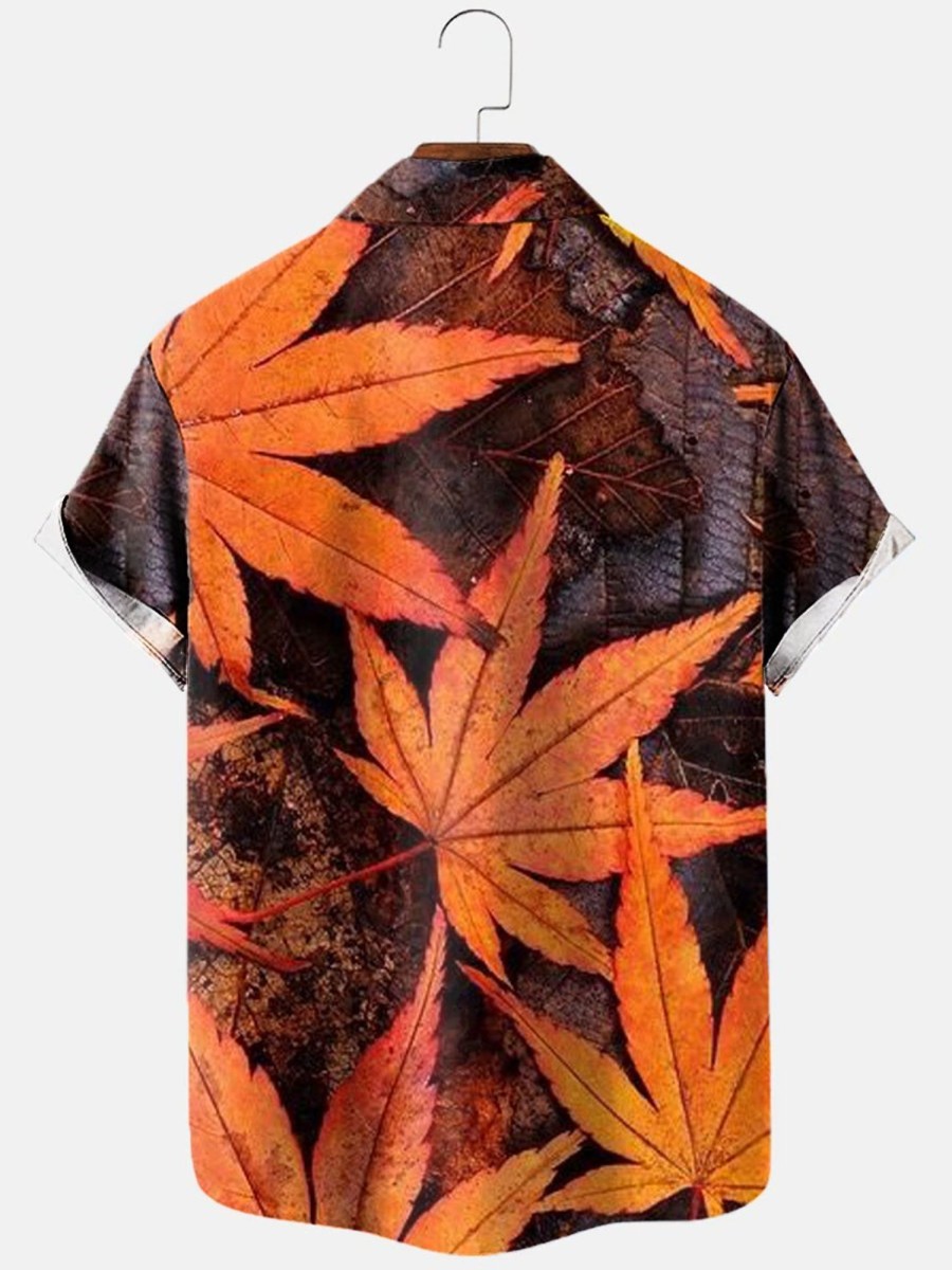 Men HLJ Shirts | Autumn Leaves Print Casual Short Sleeve Shirt Orange