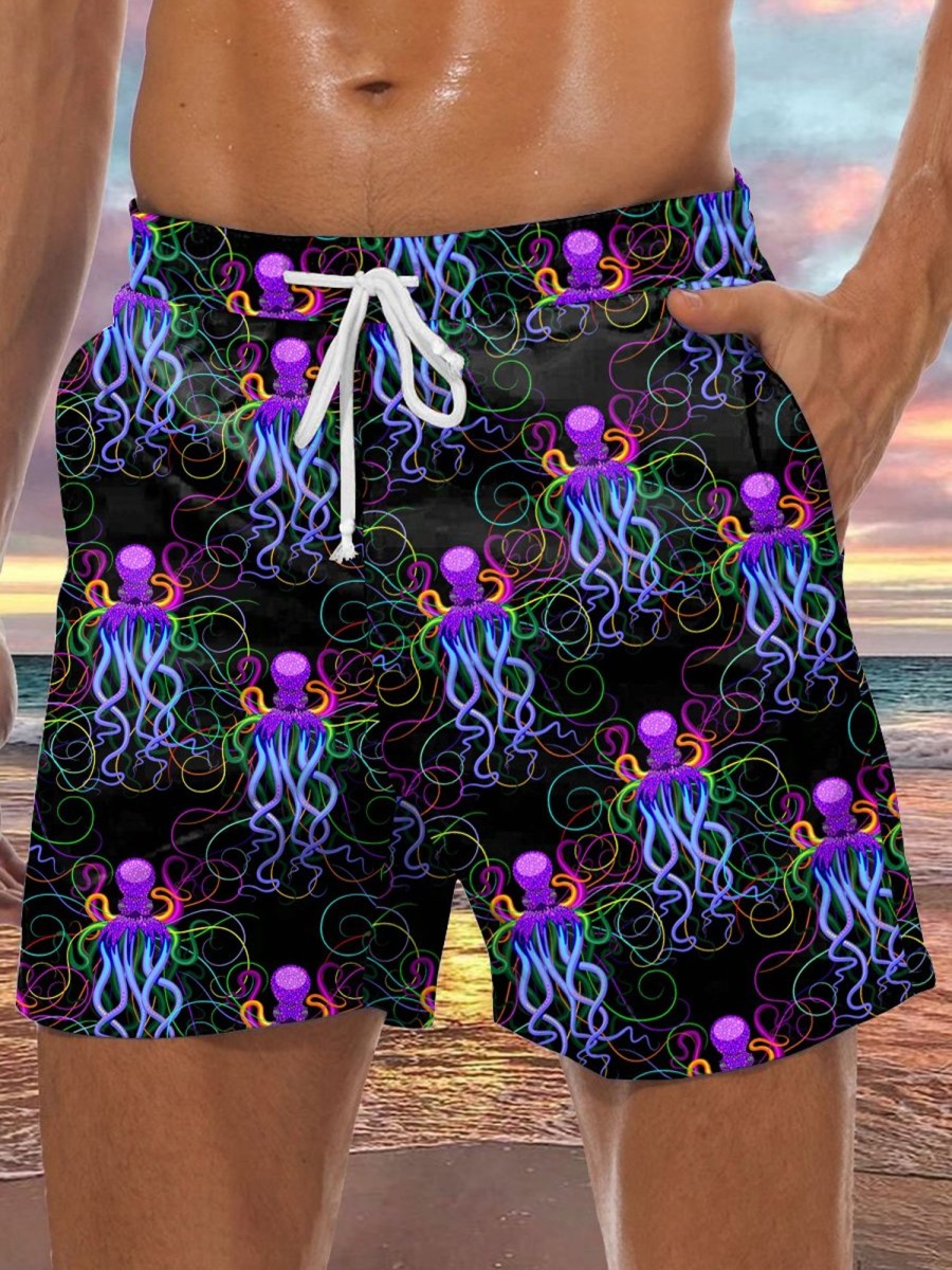 Men HLJ Bottoms | Psychedelic Glow Octopus Psychedelic Drawstring Board Shorts Black