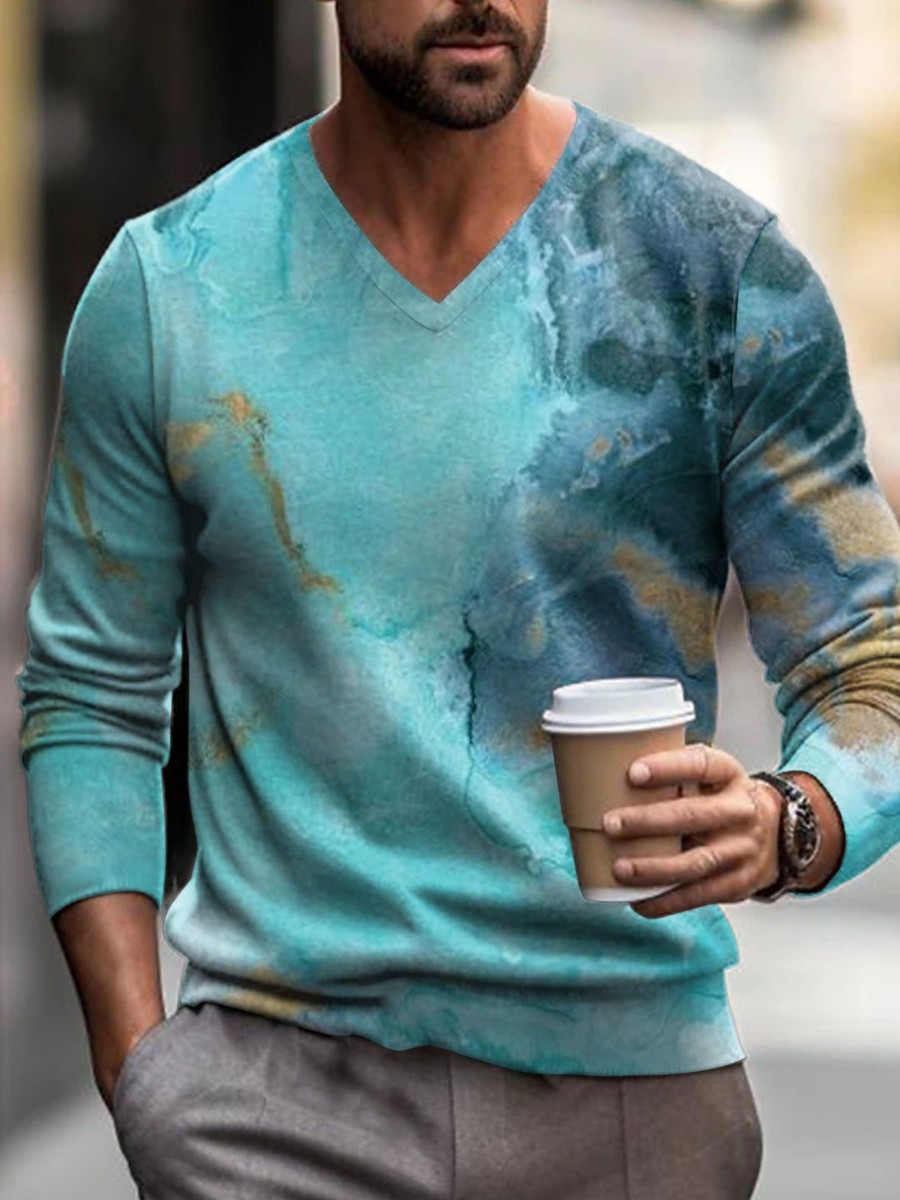 Men DJ Print Sweater | V-Neck Artistic Inkjet Print Casual Knitted Pullover Sweater Blue