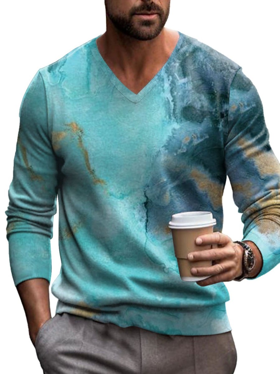 Men DJ Print Sweater | V-Neck Artistic Inkjet Print Casual Knitted Pullover Sweater Blue