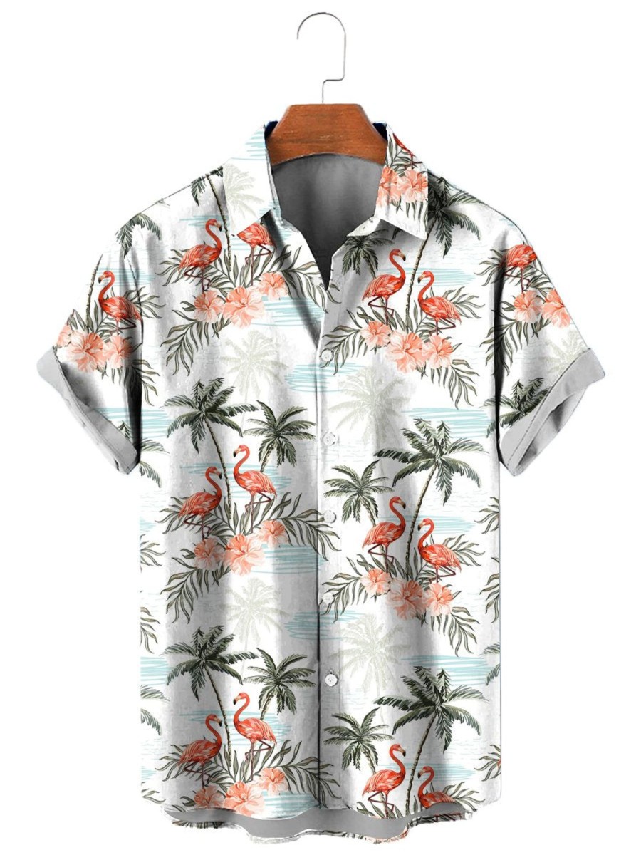 Men HLJ Shirts | Men'S Hawaiian Flamingo Palm Print Short Sleeve Shirt White