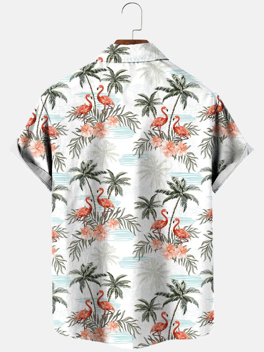 Men HLJ Shirts | Men'S Hawaiian Flamingo Palm Print Short Sleeve Shirt White