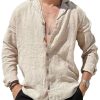 Men DJ Casual Shirts | Cuban Collar Cotton And Linen Solid Color Casual Long-Sleeved Shirt Beige