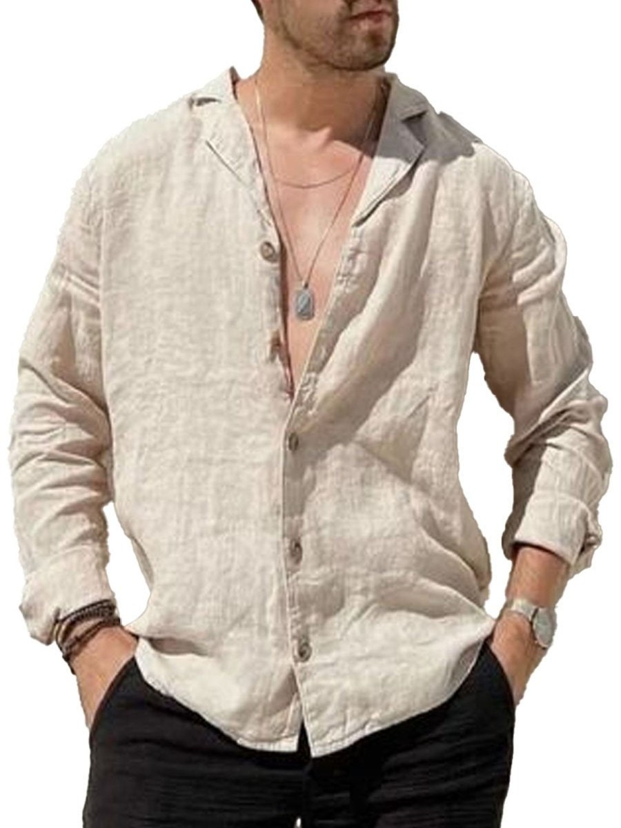 Men DJ Casual Shirts | Cuban Collar Cotton And Linen Solid Color Casual Long-Sleeved Shirt Beige