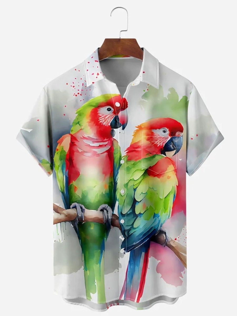 Men DJ Shirts | Parrots Chest Pocket Short Sleeve Hawaiian Shirt White