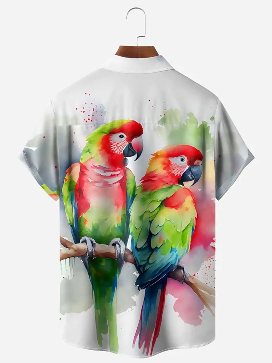 Men DJ Shirts | Parrots Chest Pocket Short Sleeve Hawaiian Shirt White