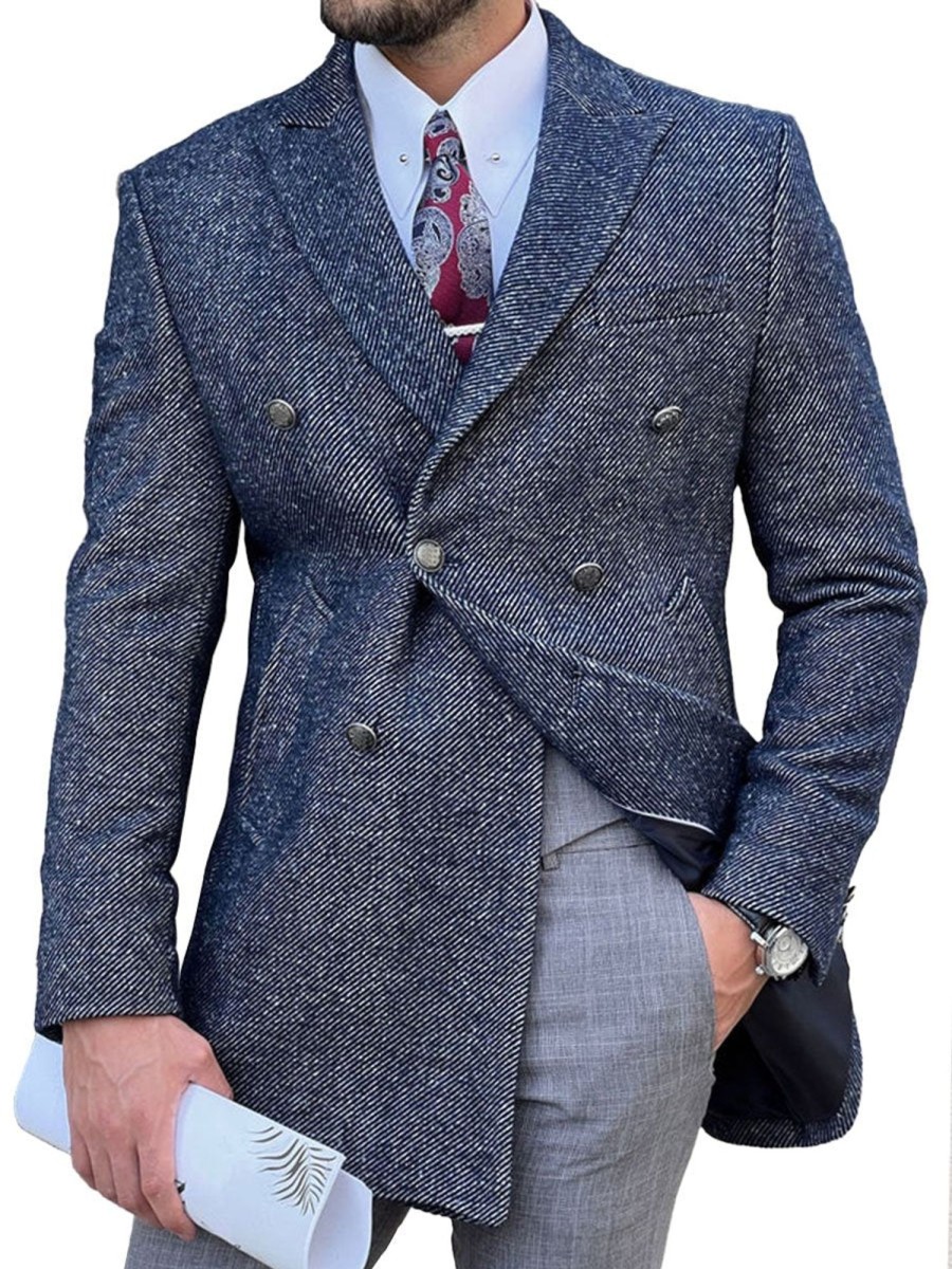 Men BXL Jacket | Men'S Vintage Twill Fabric Double-Breasted Casual Coat Blazer Navy Blue