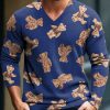 Men BXL Print Sweater | Men'S Pretty Bear Print Knitted Pullover V-Neck Sweater Blue