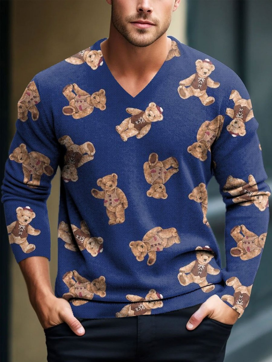 Men BXL Print Sweater | Men'S Pretty Bear Print Knitted Pullover V-Neck Sweater Blue