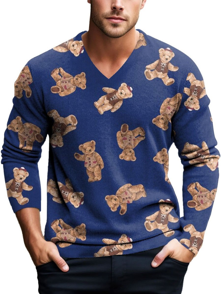 Men BXL Print Sweater | Men'S Pretty Bear Print Knitted Pullover V-Neck Sweater Blue