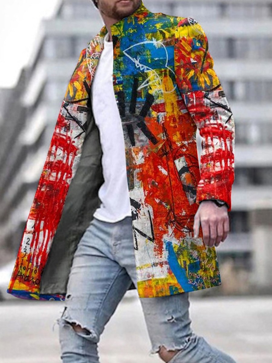 Men DJ Print Jacket | Abstract Art Print Stand Collar Single Breasted Double Pocket Jacket Photo Color