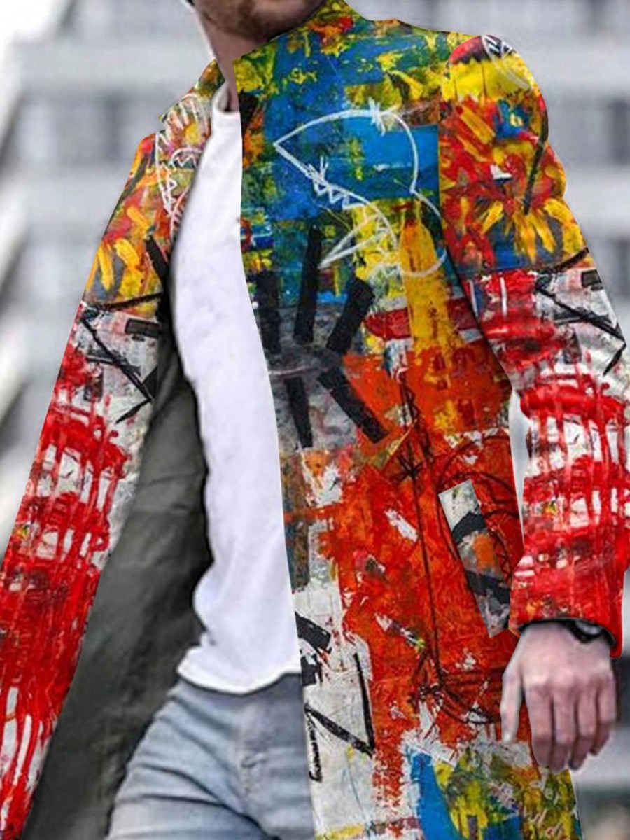 Men DJ Print Jacket | Abstract Art Print Stand Collar Single Breasted Double Pocket Jacket Photo Color