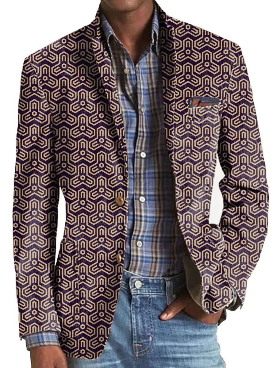 Men BXL Print Jacket | Men'S Retro Geometric Print Casual Pocket Blazer Purple