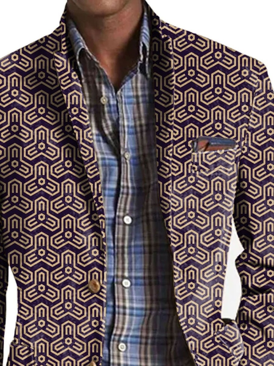 Men BXL Print Jacket | Men'S Retro Geometric Print Casual Pocket Blazer Purple