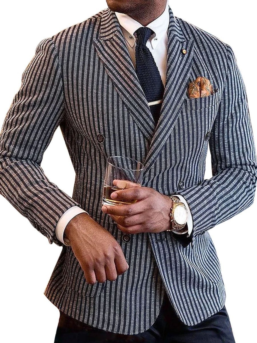 Men BXL Jacket | Vintage Striped Cotton Double-Breasted Blazer Photo Color