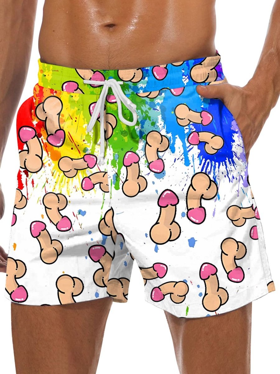 Men DJ Shorts | Colorful Cocks Print Double Pocket Tie Shorts Photo Color