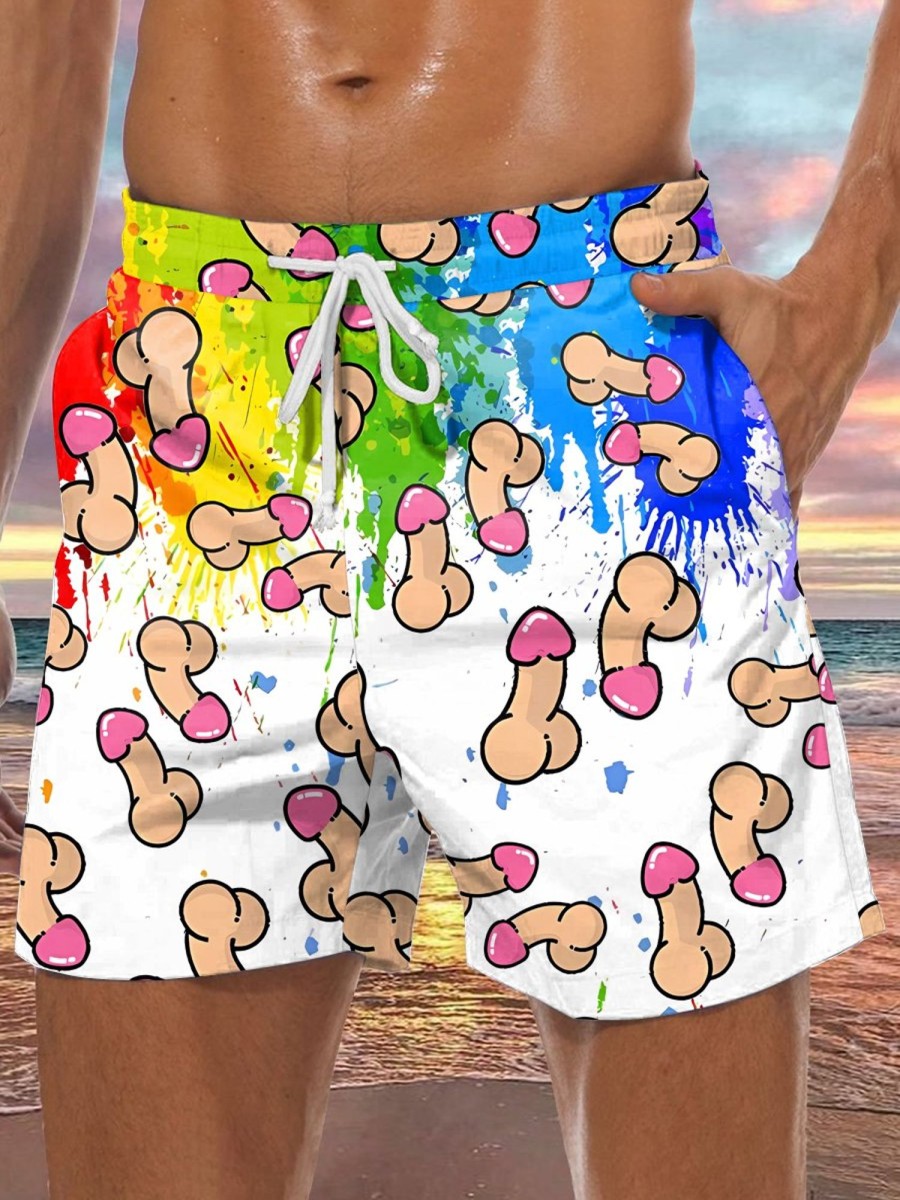 Men DJ Shorts | Colorful Cocks Print Double Pocket Tie Shorts Photo Color