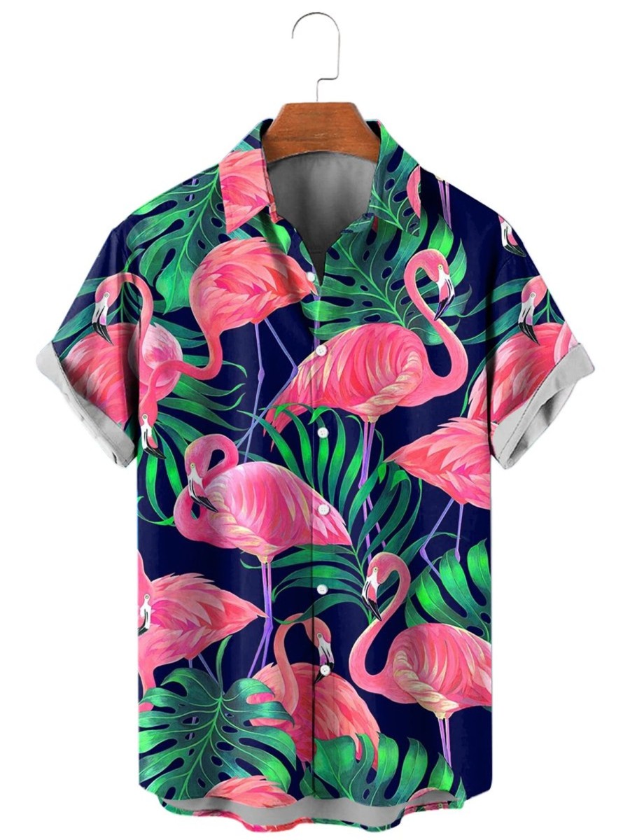 Men HLJ Shirts | Men'S Hawaiian Bold Jungle Flamingo Print Short Sleeve Shirt Blue