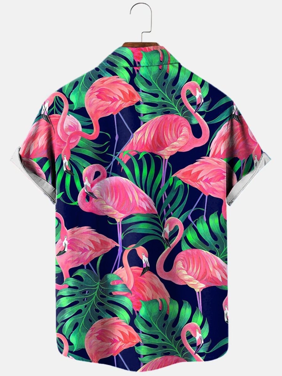 Men HLJ Shirts | Men'S Hawaiian Bold Jungle Flamingo Print Short Sleeve Shirt Blue