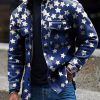 Men DJ Print Jacket | Vintage Star Print Corduroy Lapel Pocket Jacket Blue