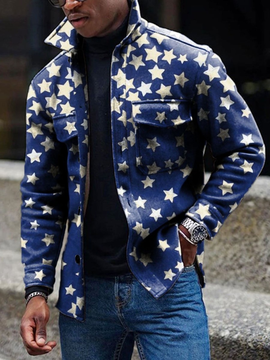 Men DJ Print Jacket | Vintage Star Print Corduroy Lapel Pocket Jacket Blue