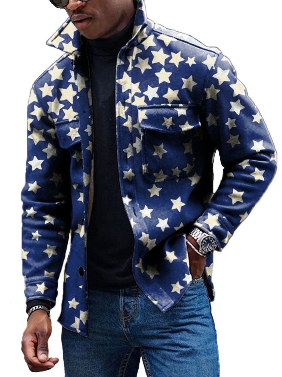 Men DJ Print Jacket | Vintage Star Print Corduroy Lapel Pocket Jacket Blue