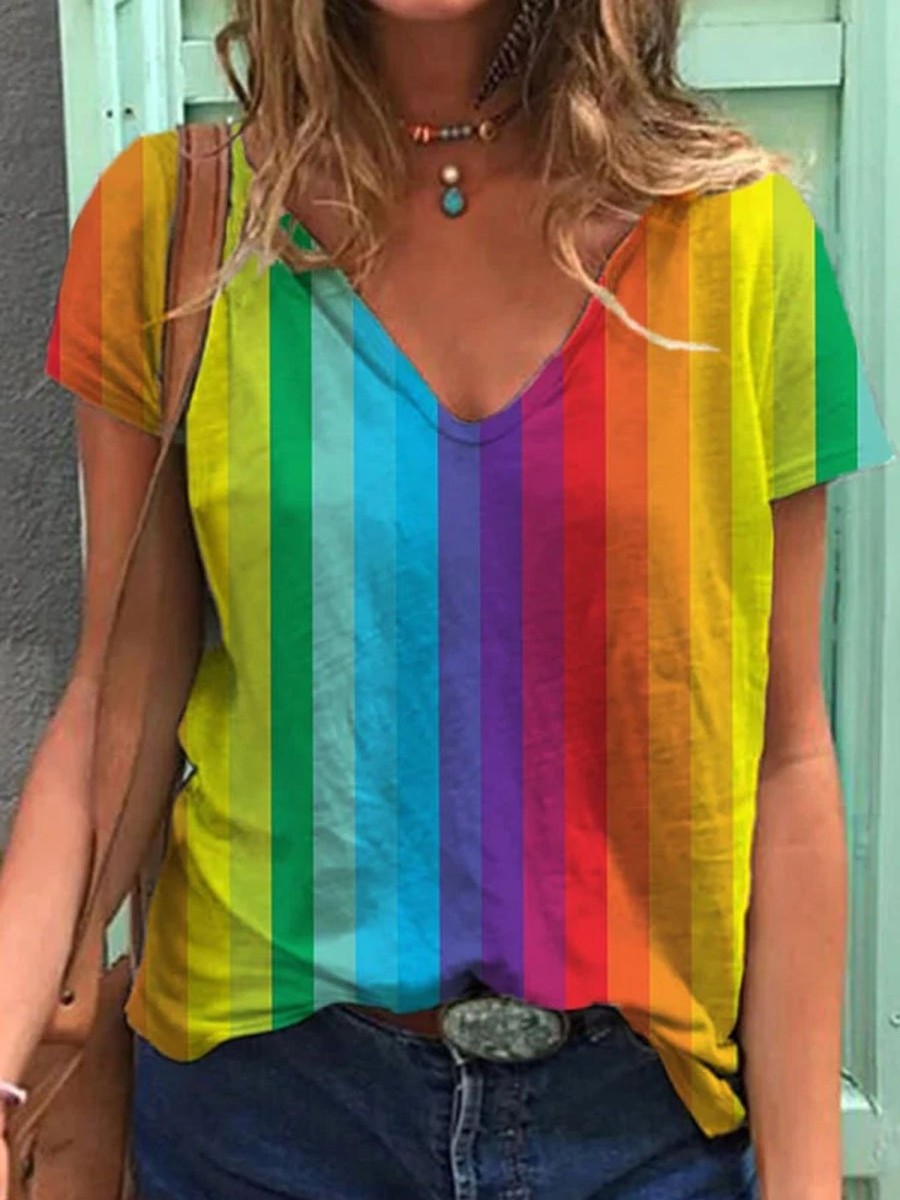 Women DJ | Women'S Rainbow Stripes V-Neck T-Shirt Photo Color