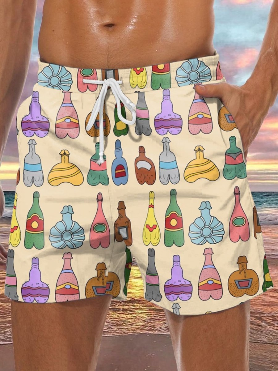 Men DJ Bottoms | Fun Cocks Wine Print Pocket Tie Track Shorts Khaki