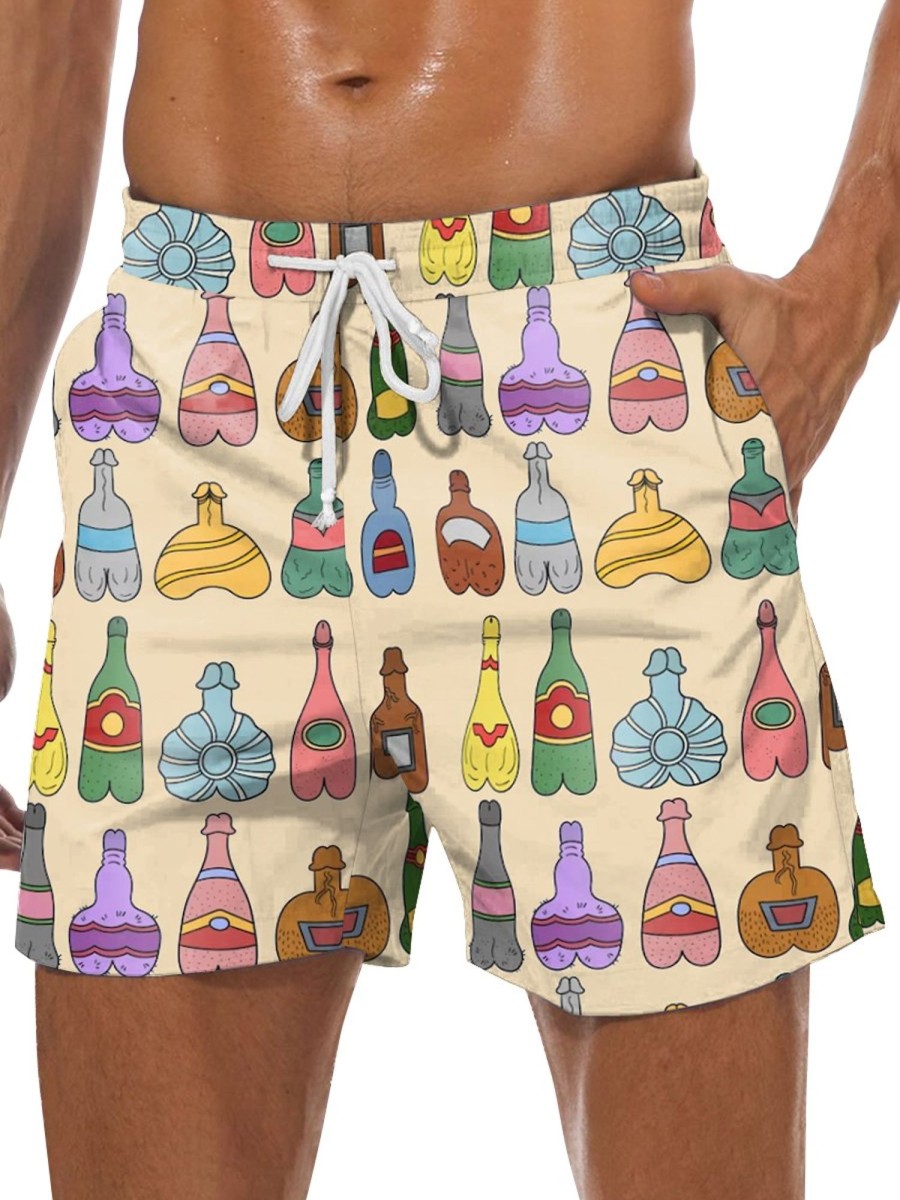 Men DJ Bottoms | Fun Cocks Wine Print Pocket Tie Track Shorts Khaki