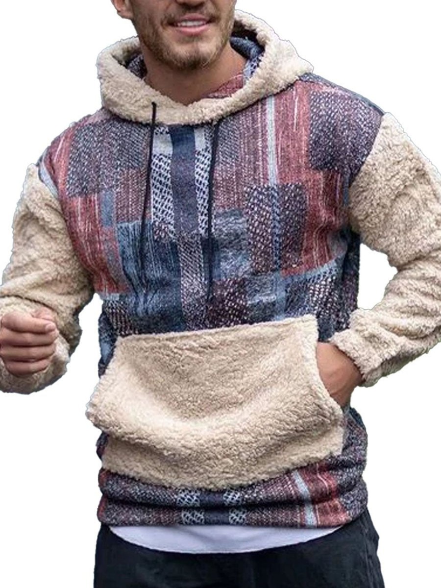 Men DJ Print Hoodie | Retro Ethnic Print Patchwork Pocket Hooded Sweatshirt Photo Color