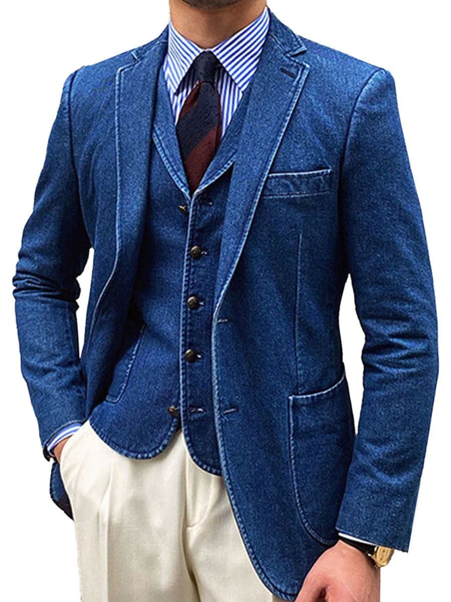 Men BXL Jacket | Men'S Pocket Vintage Solid Color Denim Blazer Blue