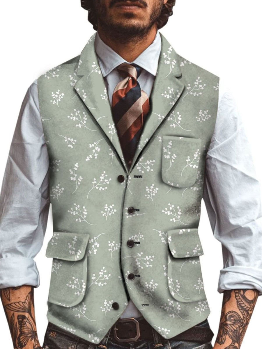 Men TH Vest | Men'S Print 3-Pocket Lapel Casual Vest Green