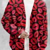 Men DJ Print Cardigan | Valentine'S Day Lip Print Casual Knitted Cardigan Red