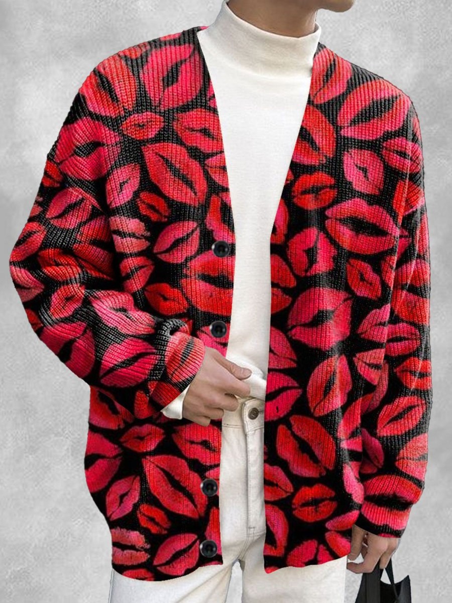 Men DJ Print Cardigan | Valentine'S Day Lip Print Casual Knitted Cardigan Red