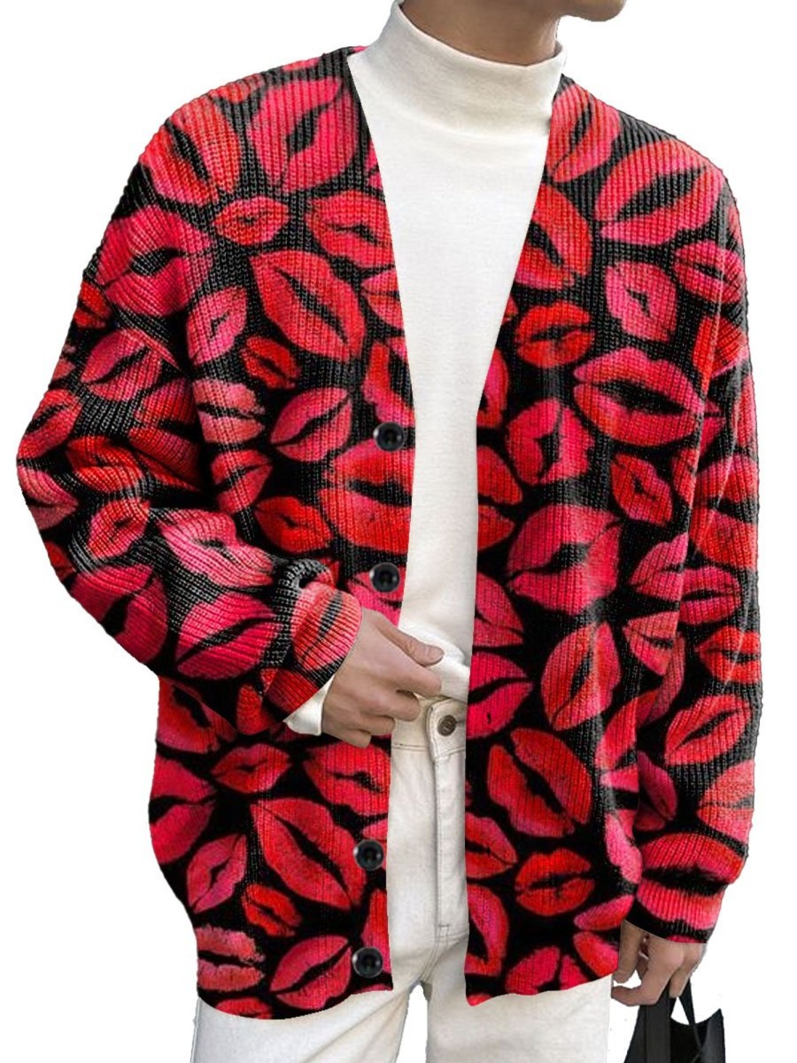 Men DJ Print Cardigan | Valentine'S Day Lip Print Casual Knitted Cardigan Red