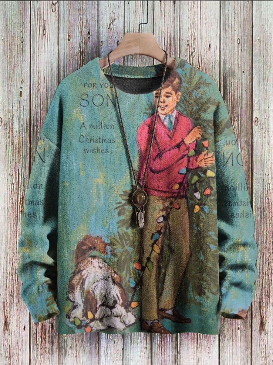 Men BXL Print Sweater | Men'S Casual Vintage Christmas Print Crew Neck Pullover Sweater Blue