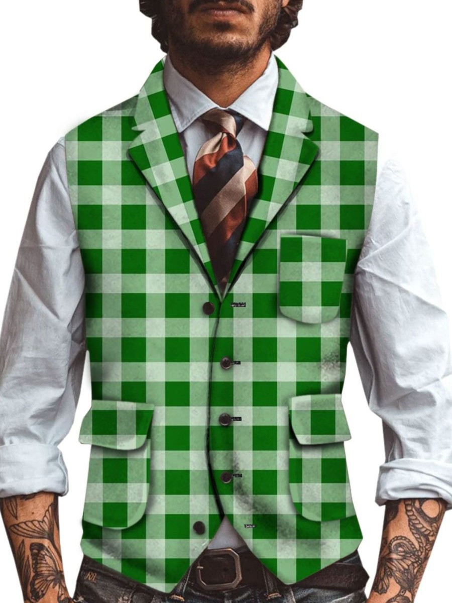 Men DJ Vest | Vintage Plaid Print Casual Three-Pocket Lapel Vest Green