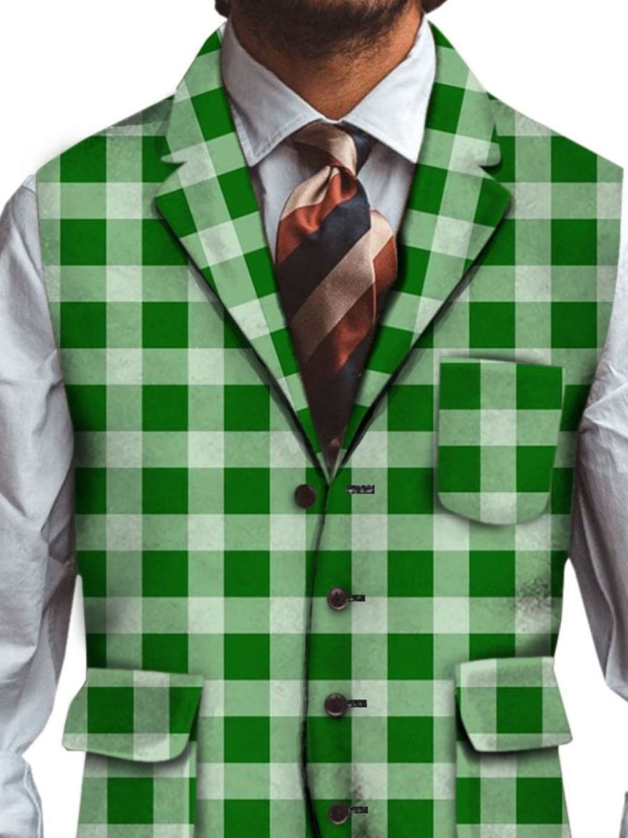 Men DJ Vest | Vintage Plaid Print Casual Three-Pocket Lapel Vest Green