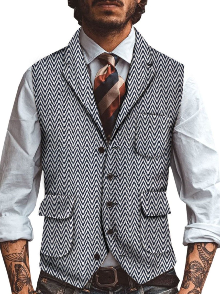 Men BXL Vest | Men'S Vintage Wool Herringbone Print Multi-Pocket Casual Vest Black