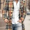 Men BXL Print Jacket | Men'S Contrast Check Print Wool Double Pocket Single Breasted Coat Khaki