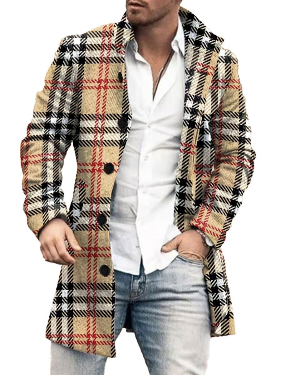 Men BXL Print Jacket | Men'S Contrast Check Print Wool Double Pocket Single Breasted Coat Khaki