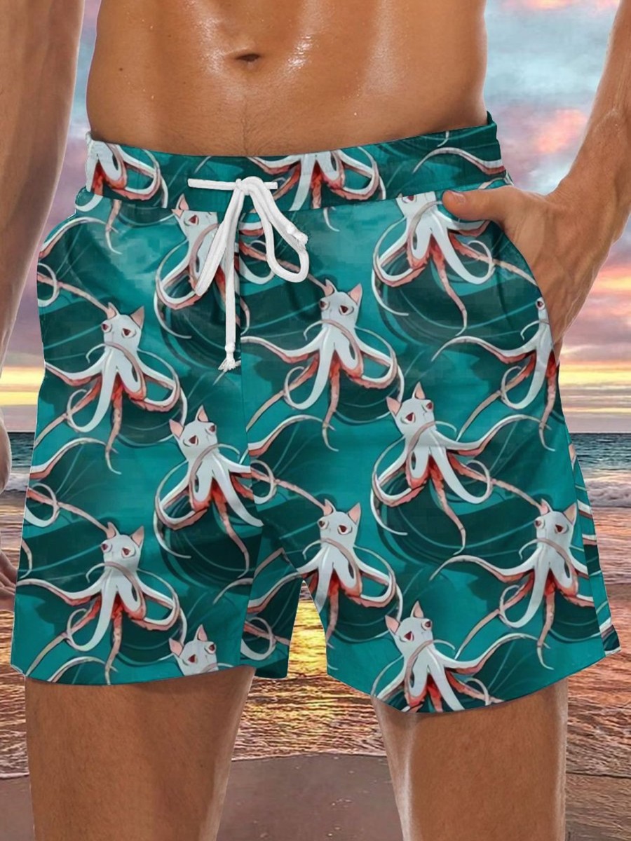 Men DJ Shorts | Creative Cat Octopus Print Double Pocket Lace-Up Shorts Blue