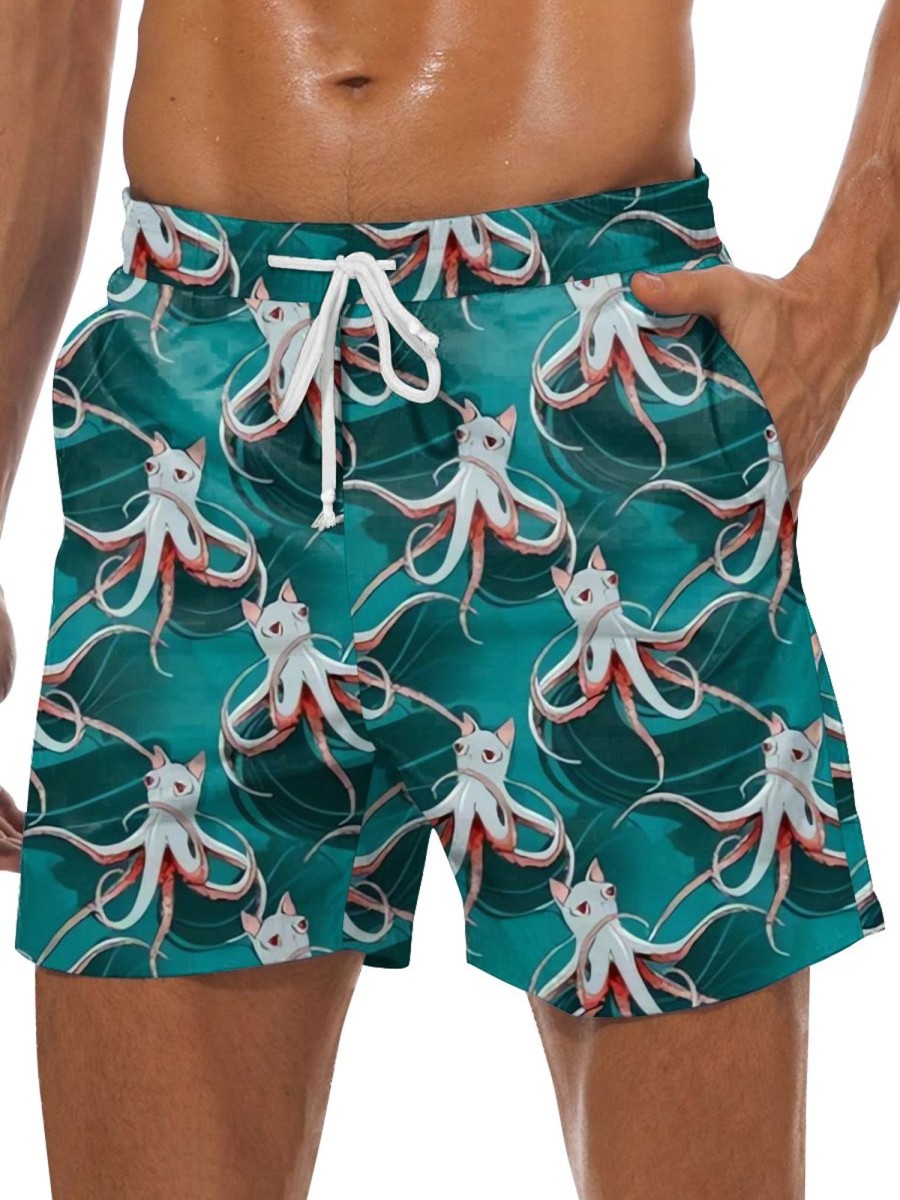 Men DJ Shorts | Creative Cat Octopus Print Double Pocket Lace-Up Shorts Blue