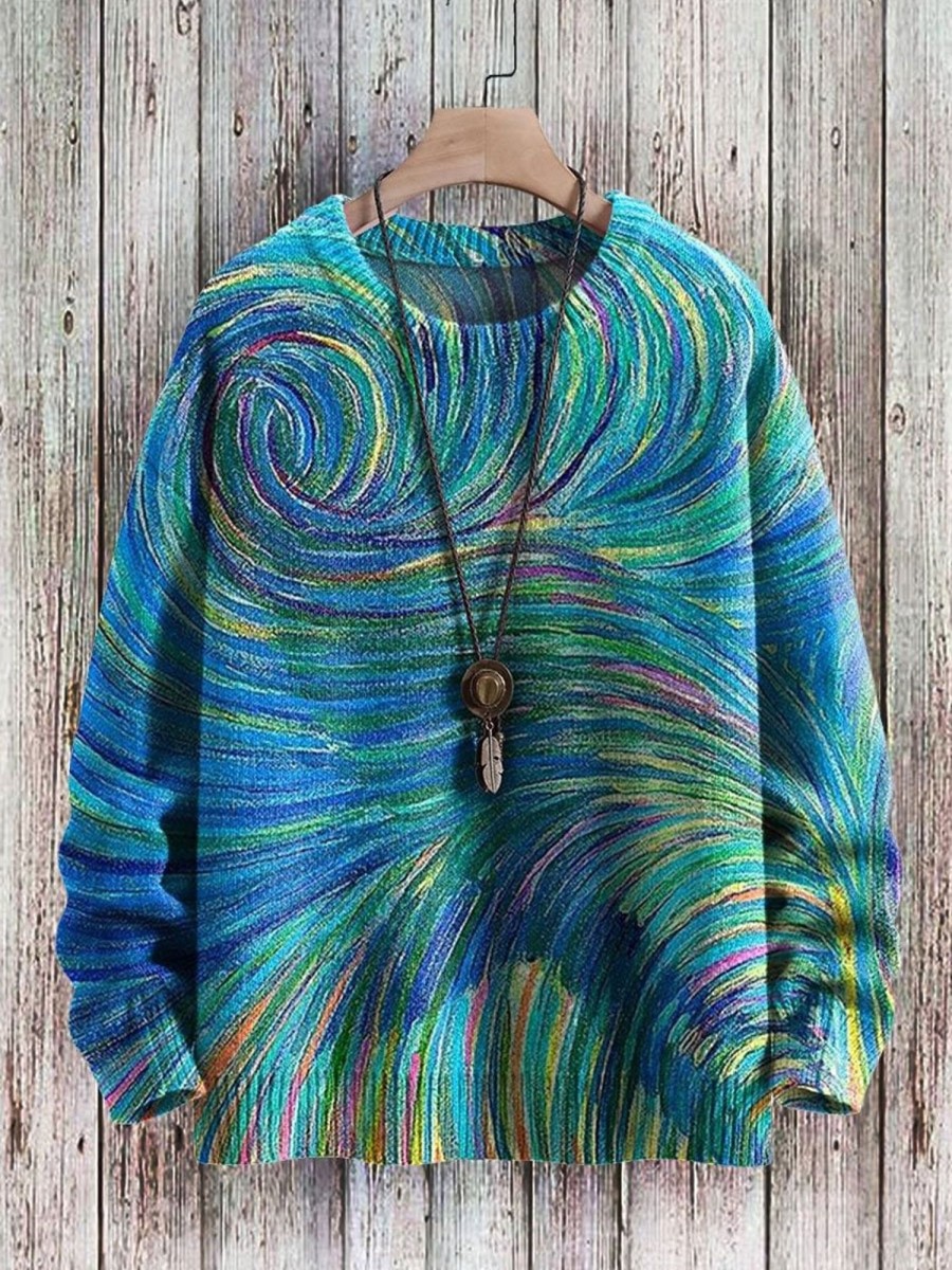 Men BXL Print Sweater | Ocean Swirl Art Print Knit Pullover Sweater Blue