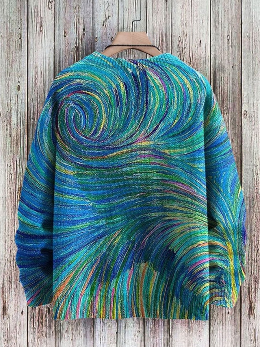 Men BXL Print Sweater | Ocean Swirl Art Print Knit Pullover Sweater Blue