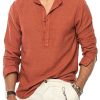 Men DJ Casual Shirts | Half Open Collar Retro Casual Long Sleeve Shirt Brick Red