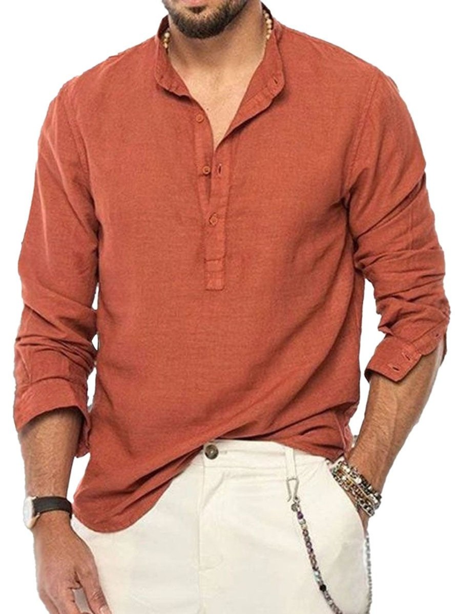 Men DJ Casual Shirts | Half Open Collar Retro Casual Long Sleeve Shirt Brick Red