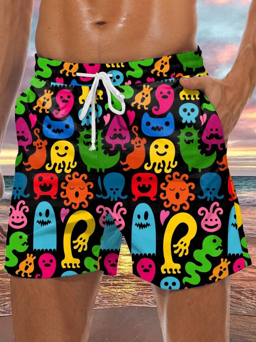 Men GYJ Shorts | Colorful Monster Print Lounge Shorts Black